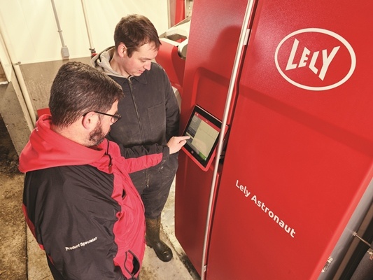 Lely Astronaut robotic milking machine being used for dairy farmers.