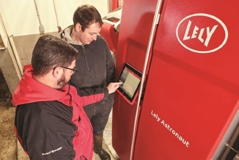Lely Astronaut robotic milking machine being used for dairy farmers.